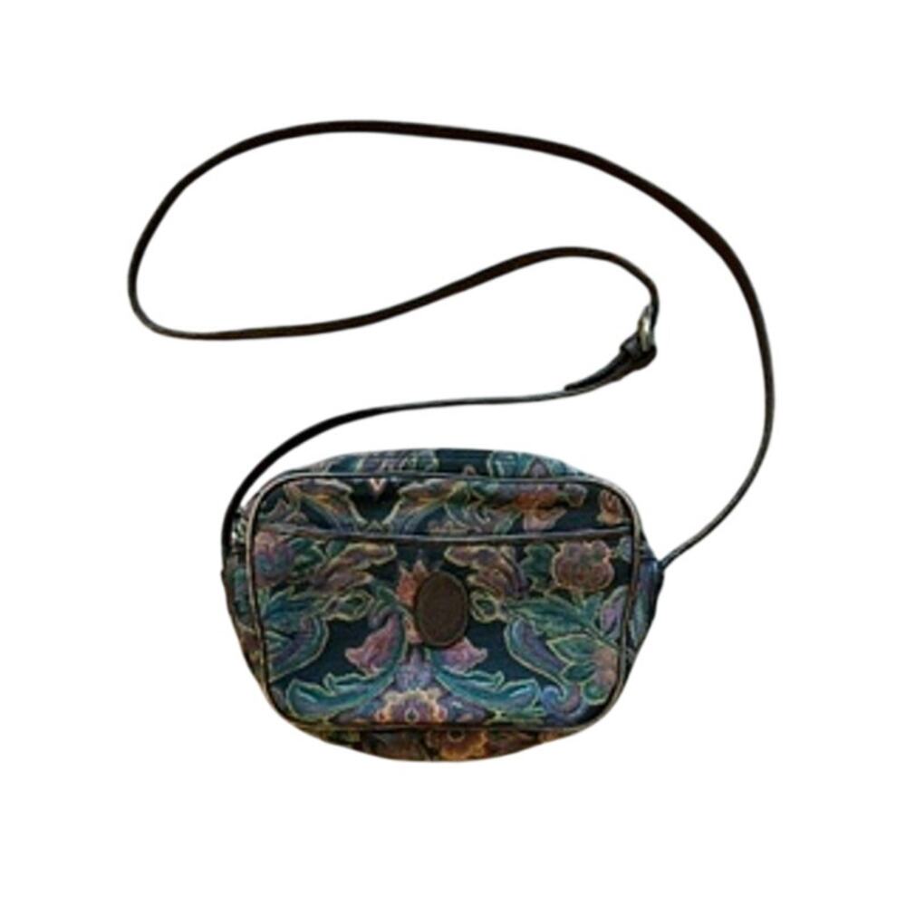 Vintage 90s Liz Claiborne Floral Tapestry Crossbody Purse with leather trim